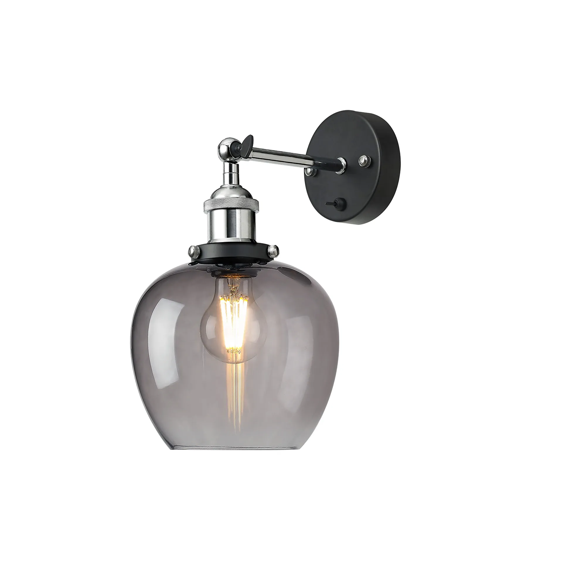 DK1121  Cawdor Wall Light, 1 Light E27, Polished Chrome/Black/Smoke Wine Glass